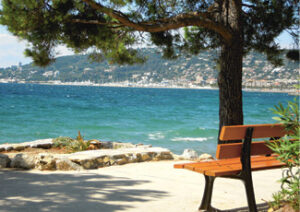 un banc sur la plage avec vue sur la baie